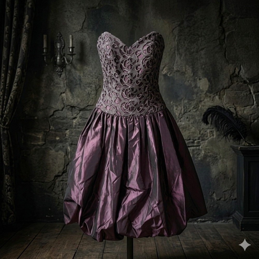 Victor Costa Strapless Bubble Hem Dress 6 Purple Lace 80s Prom Party Glam